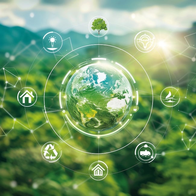 green globe surrounded by sustainability icons